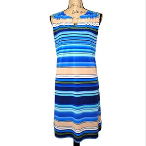 LUXOLOGY Women's Split V Neck Sleeveless Striped Shift Dress Size Medium Blue